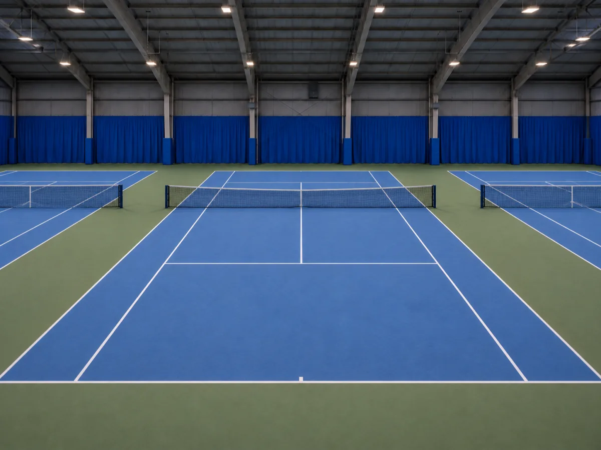 Illustrative indoor tennis facility with three aligned blue courts