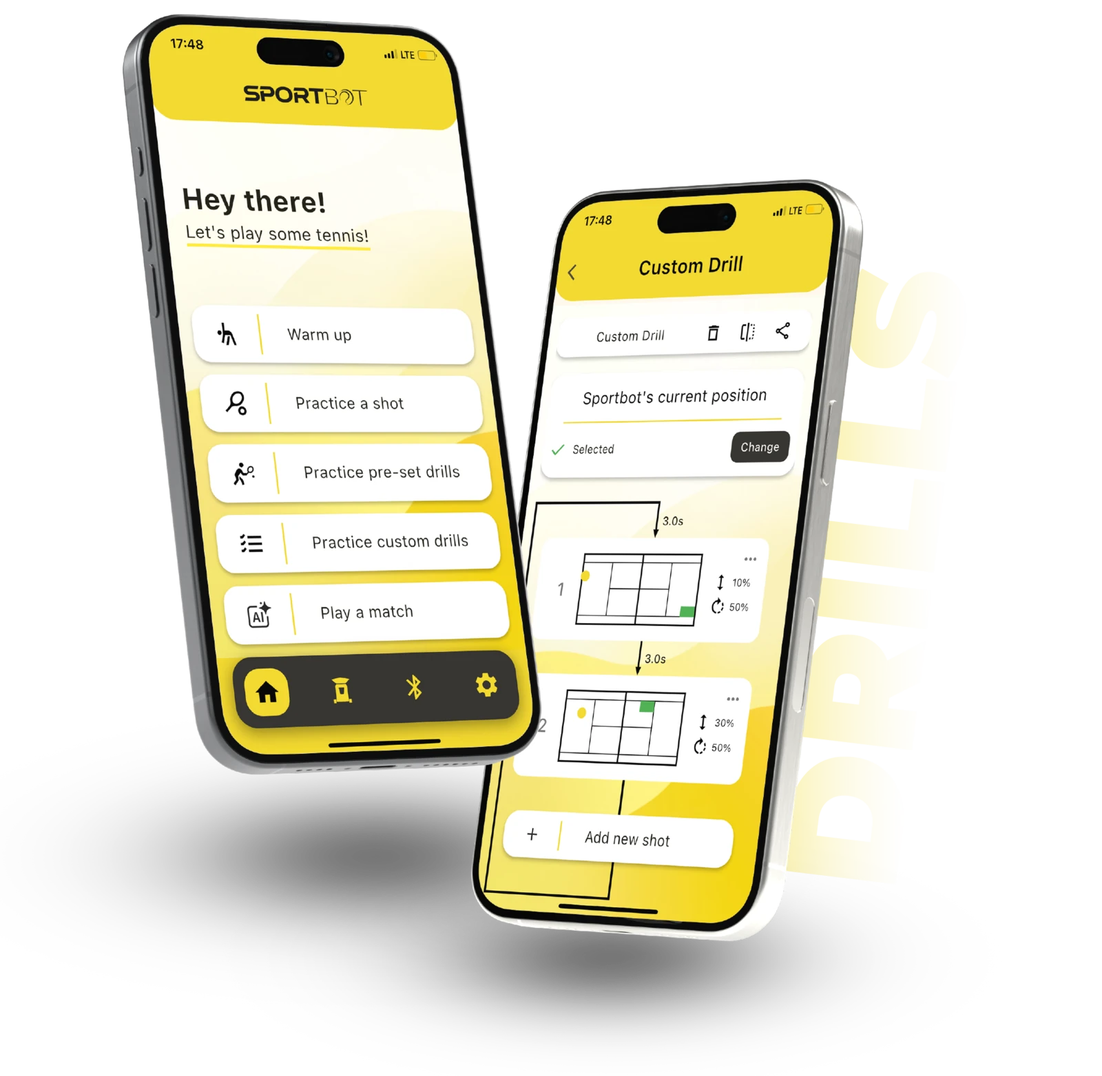 Sportbot app training controls and custom drill screens