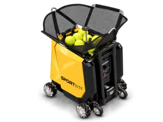 Sportbot tennis ball machine, rear three-quarter view