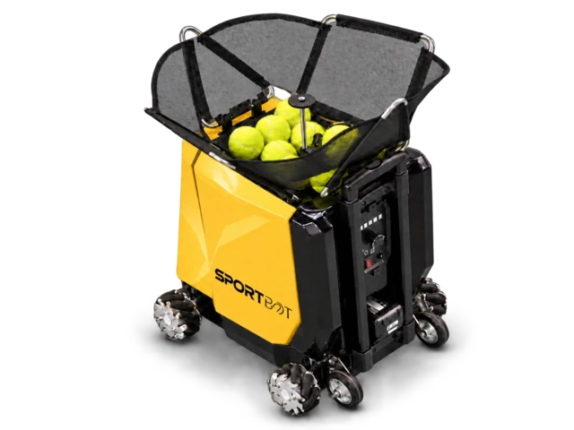 Sportbot tennis ball machine, rear three-quarter view