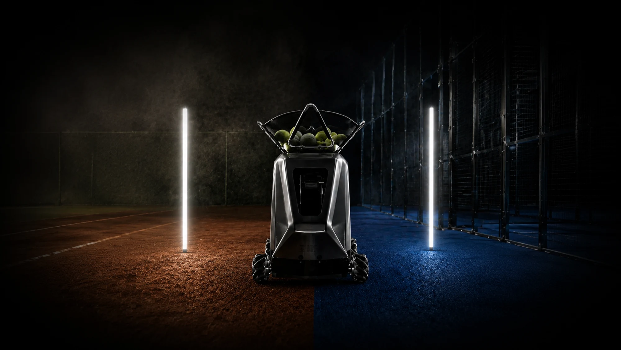 Sportbot machine centered between tennis and padel court colors