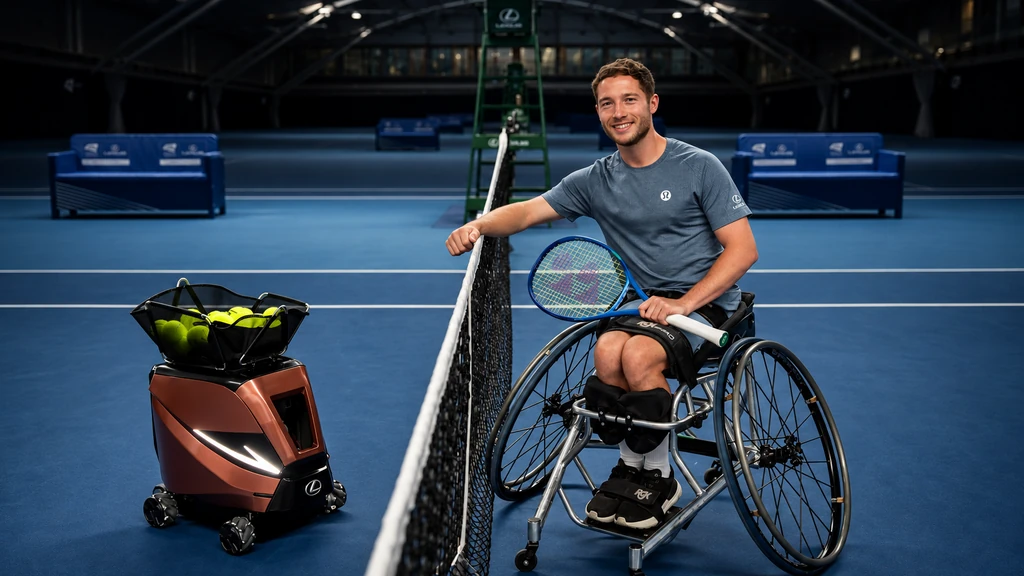 Alfie Hewett and Sportbot on the tennis court for the Lexus Signature Shot project