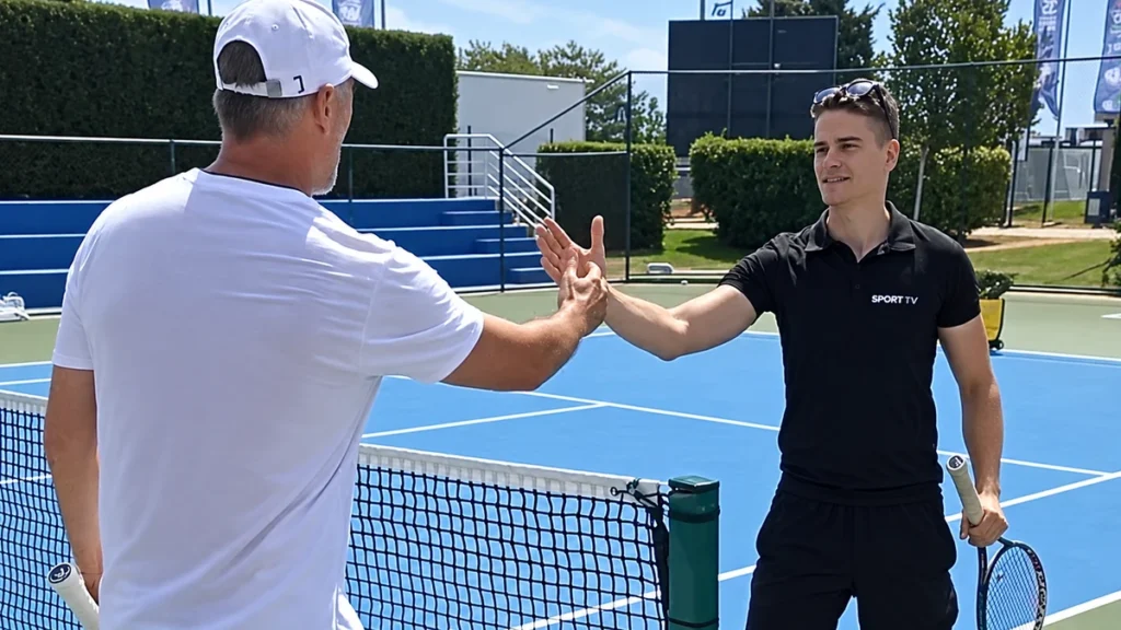 Goran Ivanišević greeting a Sport TV presenter across the net at ATP Umag